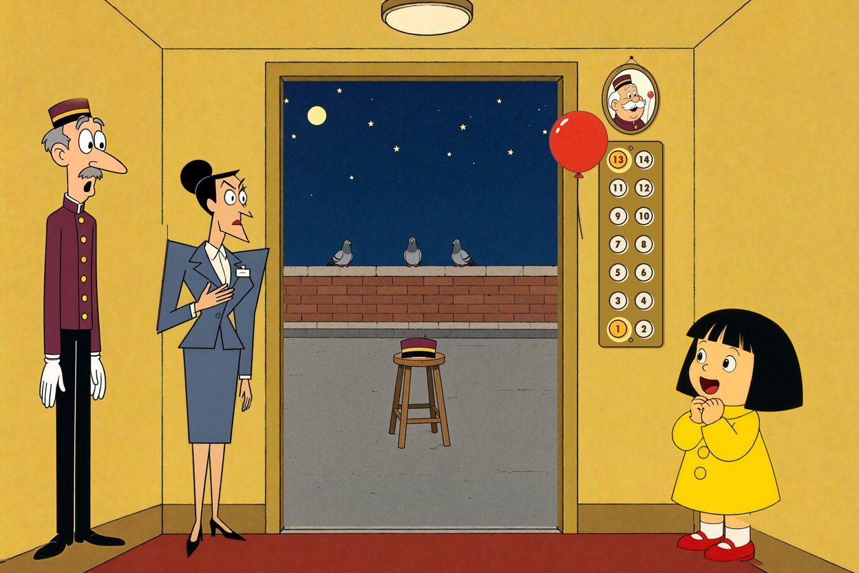 The doors open onto a rooftop at night, an empty stool with a maroon cap on it. Mr. Pell stares, open-mouthed; Mrs. Grange puts a hand to her chest; Ada clasps her hands in delight.