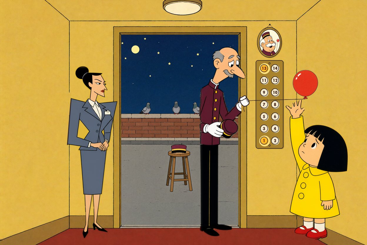 Mr. Pell, his cap in one hand, holds the balloon out to Ada by its string; the balloon floats over her raised hand, the string at her fingertips.