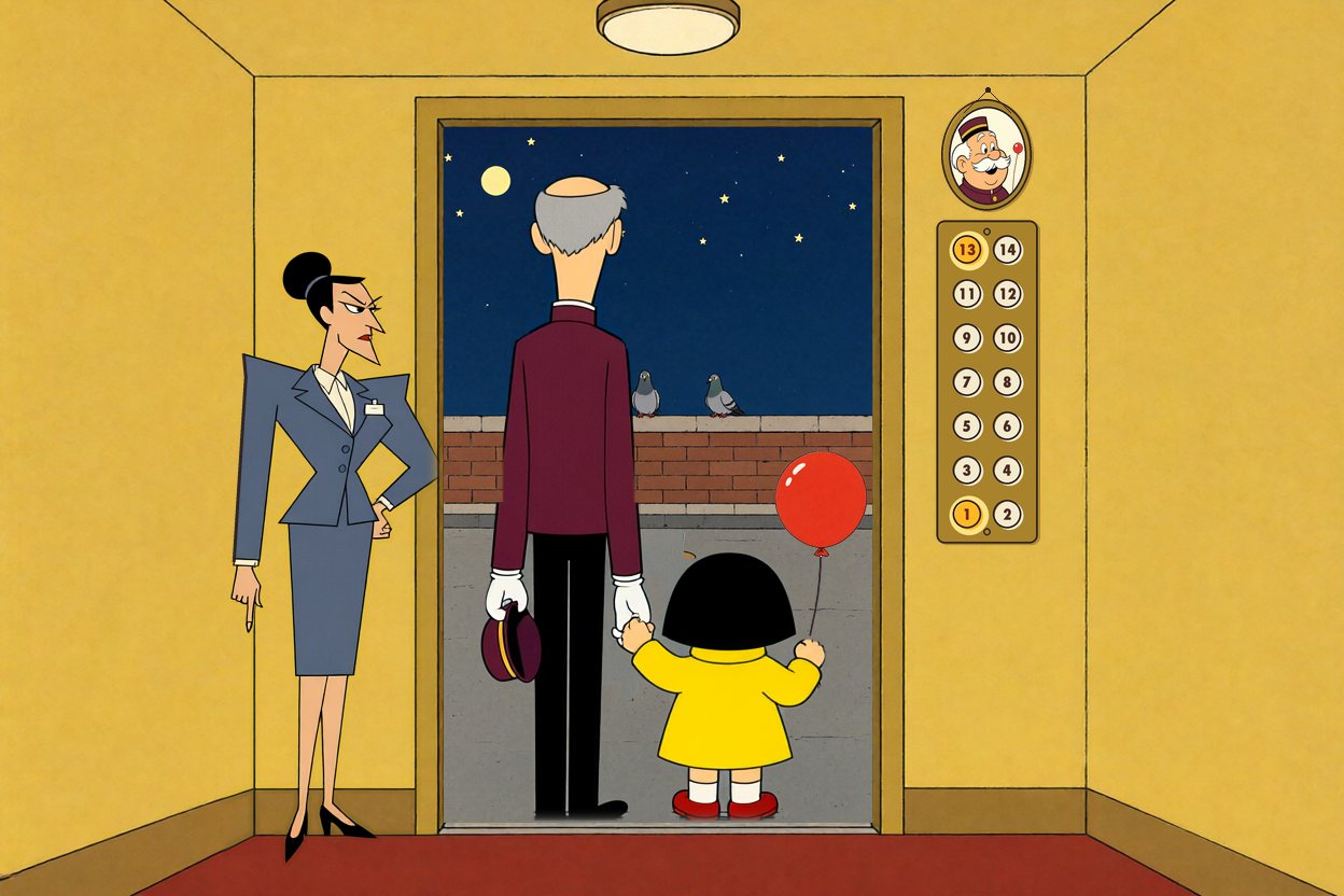 Mr. Pell and Ada step out onto the roof, hand in hand.