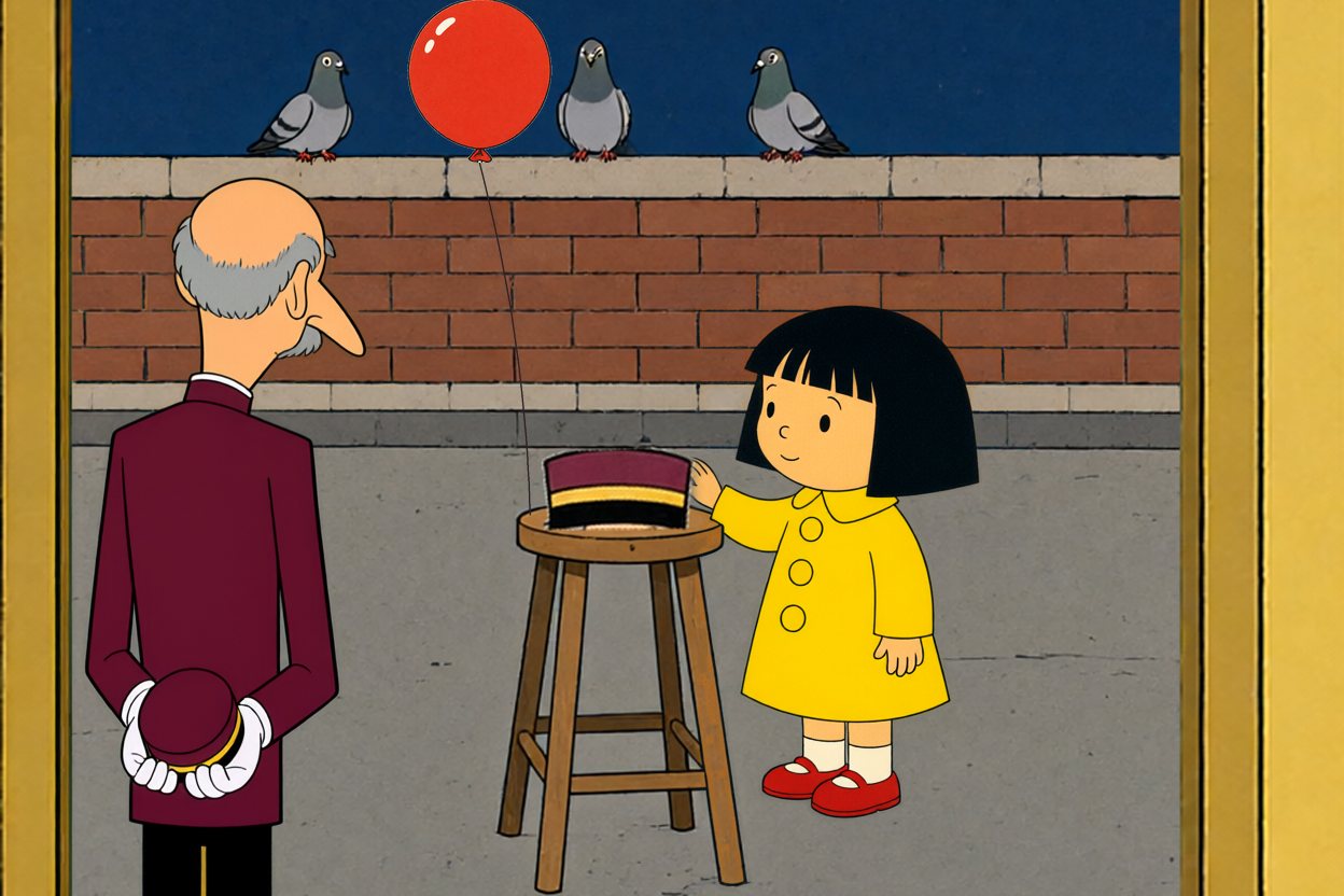 On the roof: Ada rests her hand on the cap, the red balloon tied to the stool; Mr. Pell watches, his own cap behind his back.