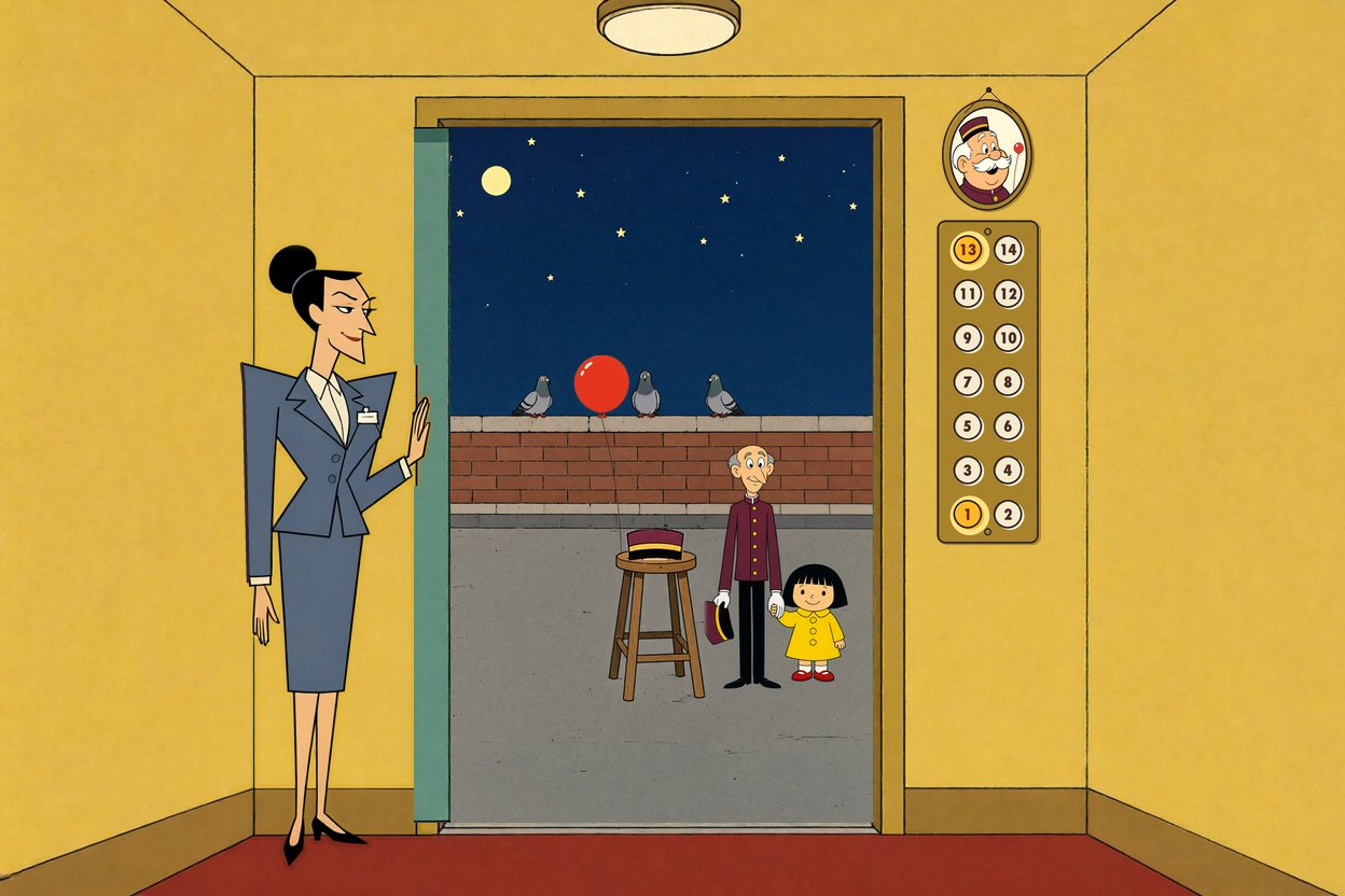 Mrs. Grange holds the door with a soft smile; out on the roof, Mr. Pell and Ada stand hand in hand by the stool, the red balloon tied to it.