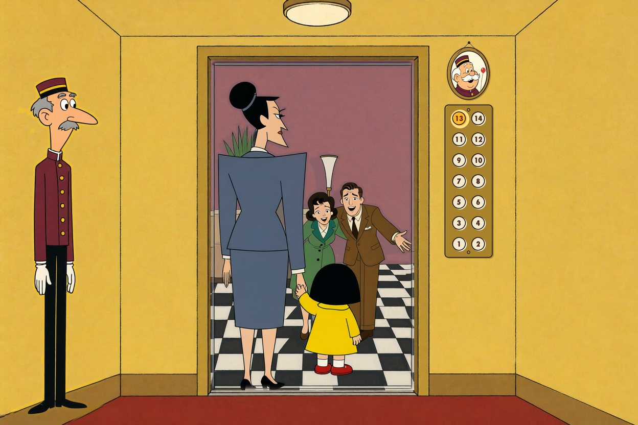 Back at the lobby, Mrs. Grange walks Ada out to her waiting parents.