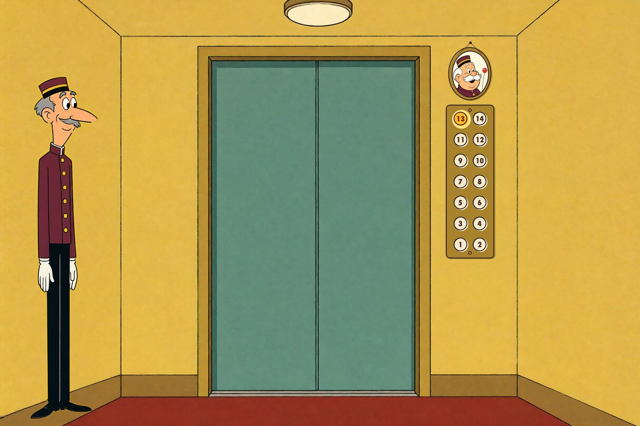 Mr. Pell alone at his post, the doors shut, smiling a small smile; on the panel, a 13 glows.