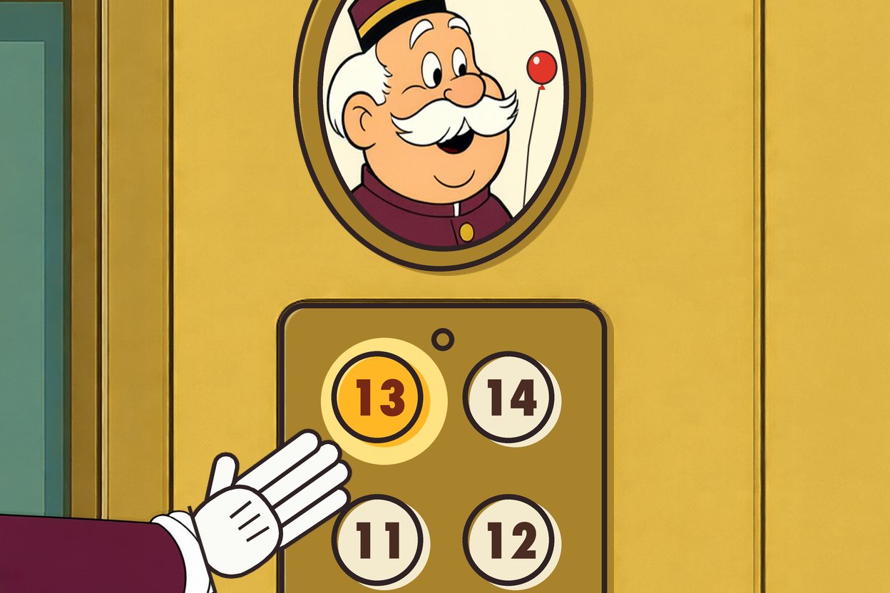 Close on the panel: Mr. Pell's white glove rests beside the glowing 13, under the old operator's portrait.