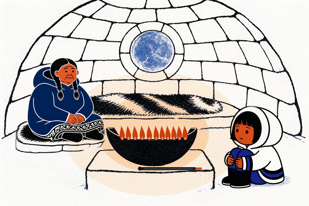 Inside a snow house at night: Anaana and Nuka sit on either side of a black stone lamp with a low, even row of small flames; a thin stick lies on the lamp's block.