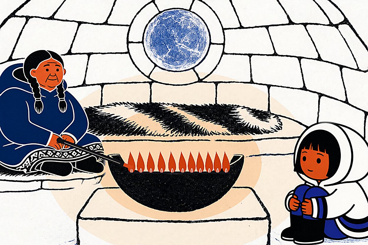 Closer: Anaana holds the thin stick to the wick, its tip among the first small flames, while Nuka watches.