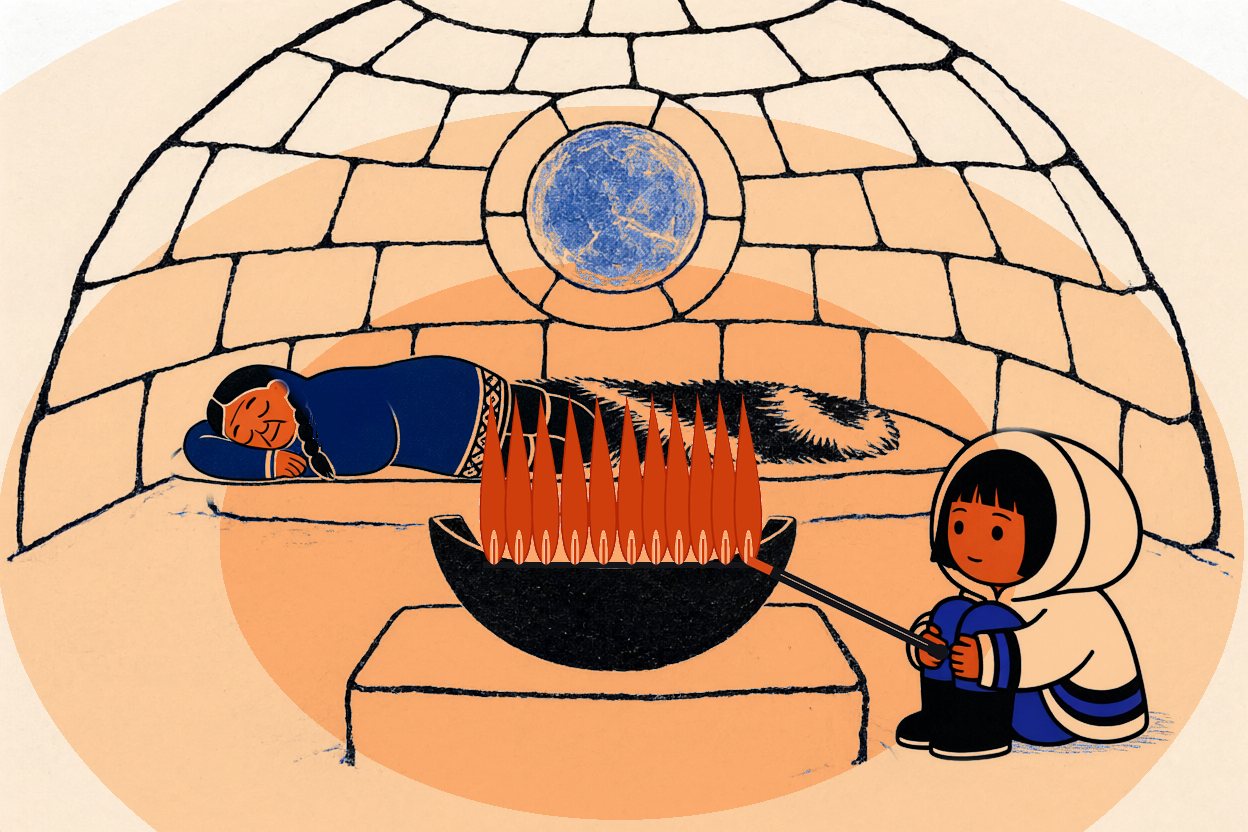 The flames stand three times as tall in an even row and the whole room glows orange.