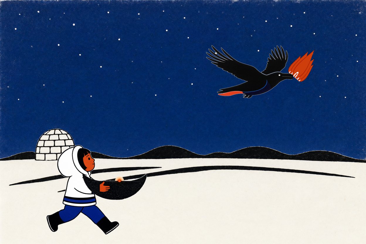 Outside under the stars: Nuka runs across the snow hugging the dark lamp, the raven flying ahead with the fire held in its beak.