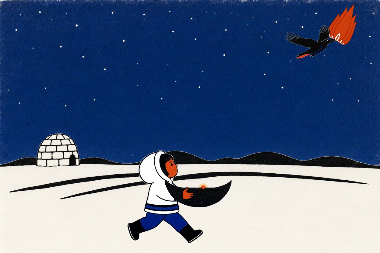 The raven is high and small, the fire in its beak as big as itself.