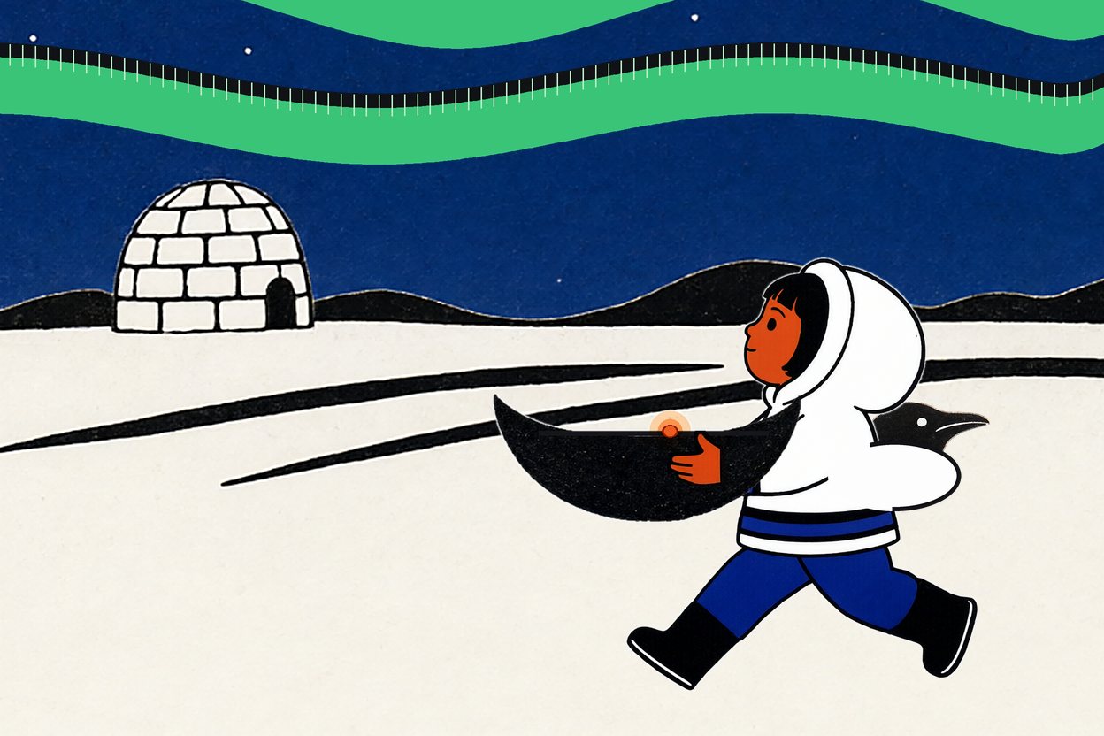 Nuka walks home toward the igloo hugging the lamp; the raven's head peeks out of the pouch on the back of her parka.