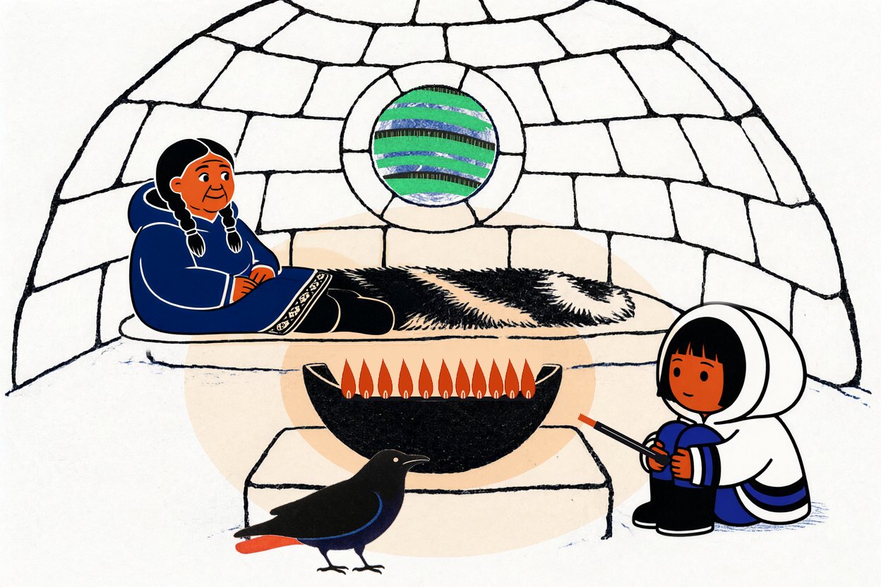 Anaana wakes, props herself up and smiles at the lamp; Nuka holds the stick; the raven, awake, warms itself in the lamp's glow.