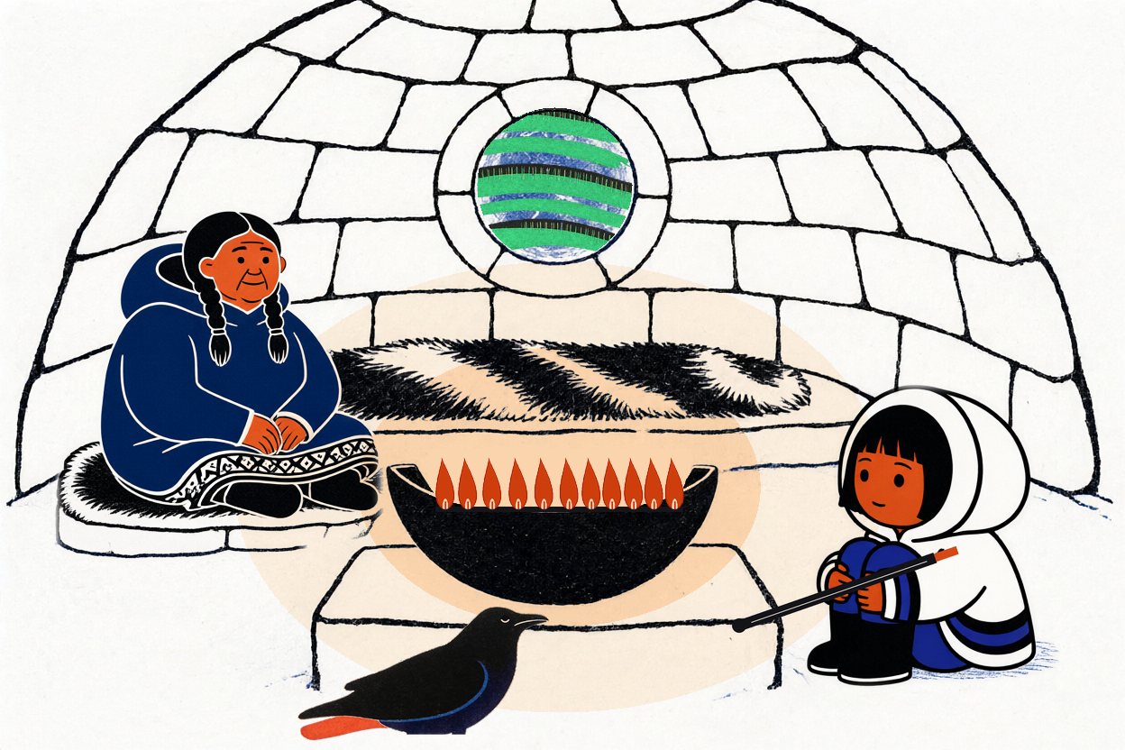 The first picture again: Anaana and Nuka by the low flames — but now the stick is in Nuka's hands, the raven sleeps settled in the lamp's glow, and the northern lights fill the window.