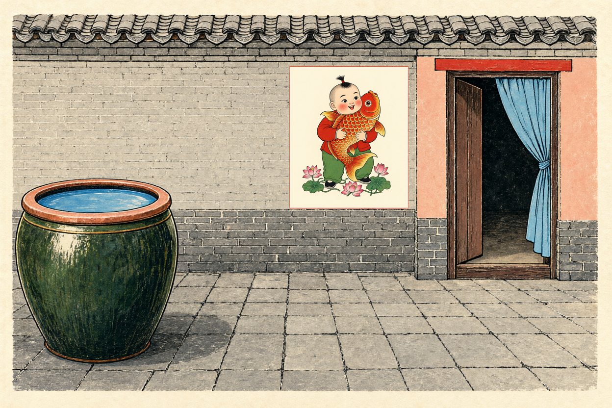 New Year's Eve in Grandma's courtyard: a big green water vat, and on the wall a New Year picture of a boy hugging a red carp.