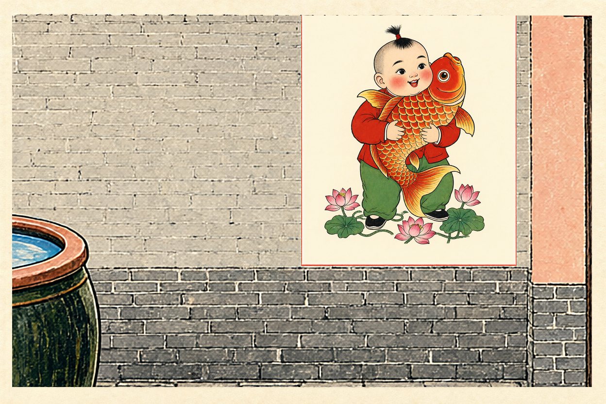 The New Year picture: a round-cheeked boy hugging a huge red carp.