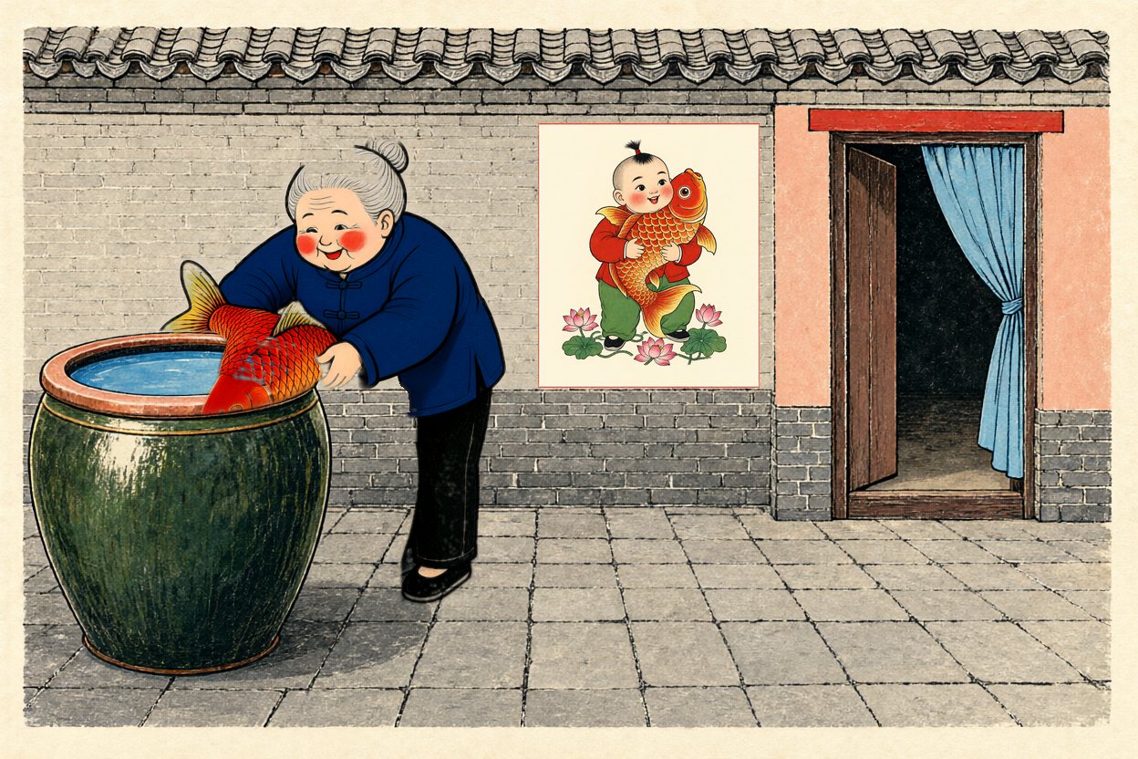 Grandma lowers a big live carp into the water vat.