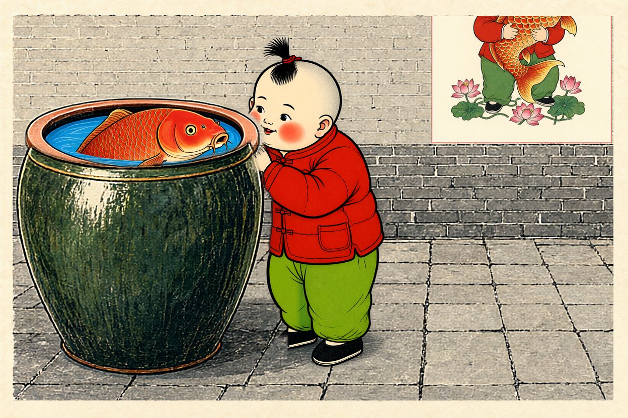 Later, her grandson Bao leans over the vat, nose to nose with the carp, smiling.