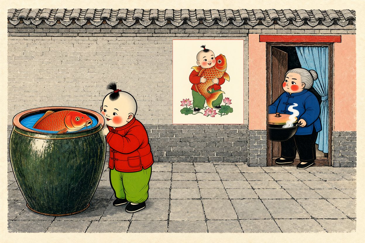 Grandma appears in the kitchen doorway with a big steaming cooking pot, her eyes on the vat.
