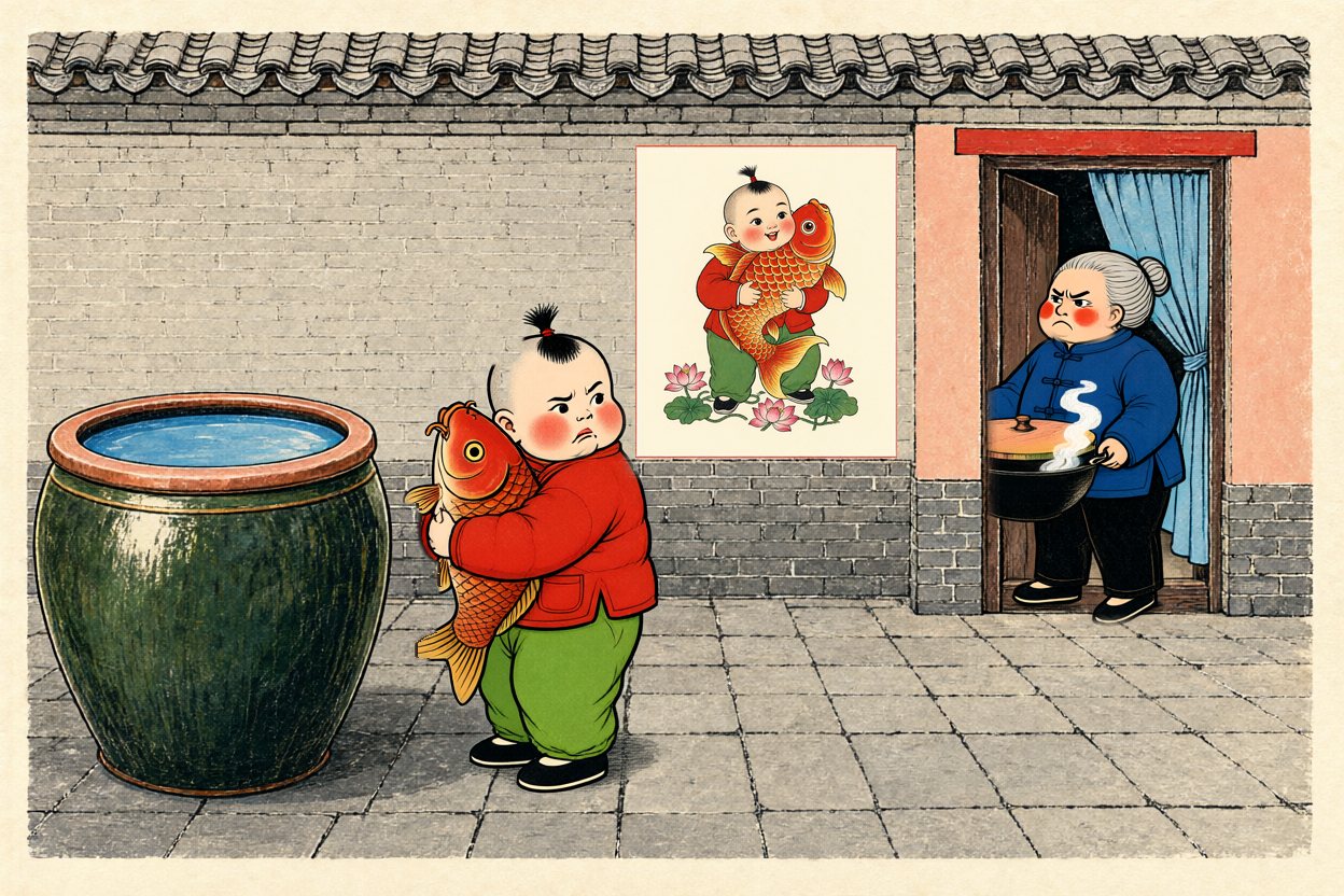 Bao hugs the carp and glares at her; Grandma frowns at him from the doorway.