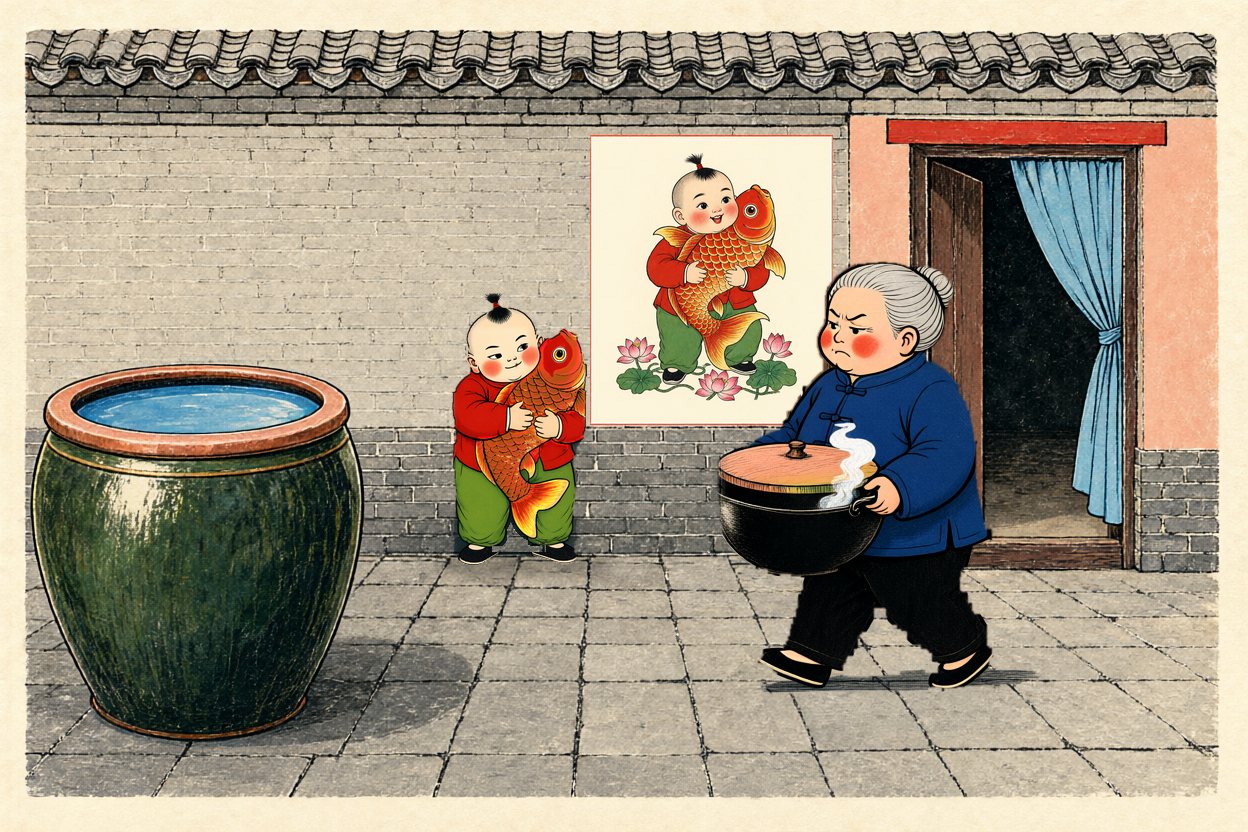 Against the wall beside the picture, Bao strikes the painted boy's pose with a sly smile.