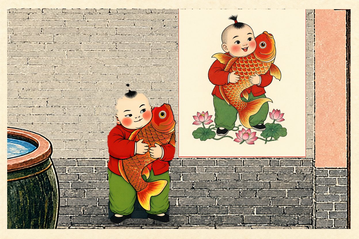 Side by side: the painted boy with his painted carp, and Bao, copying him, with the real one.