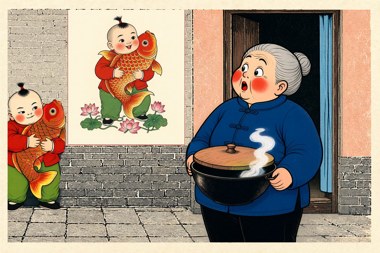 Grandma stops dead and stares at Bao beside the picture, the pot held still at her belly.