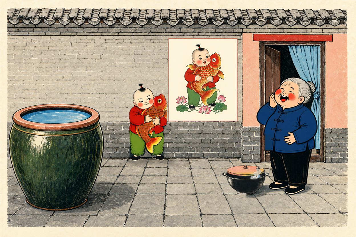 She bursts out laughing and sets the pot down on the paving.
