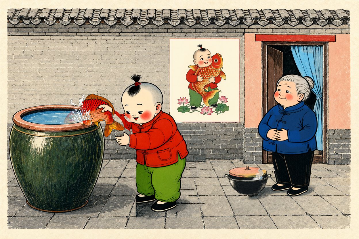 Bao lowers the carp back into the vat while Grandma watches, smiling.