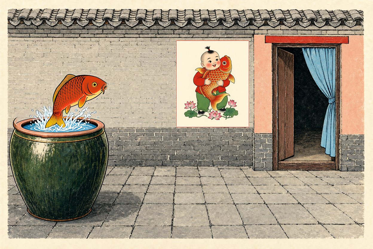 The courtyard again, quiet: the carp leaps for joy in its vat.