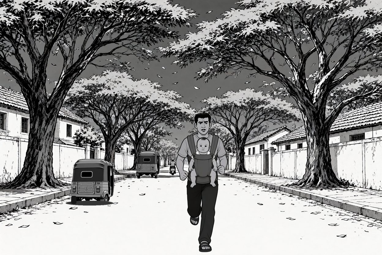 A man runs toward us down a wide white road under huge trees in the evening, a baby in a carrier on his chest. Two auto rickshaws and a scooter drive away from us down the left of the road.