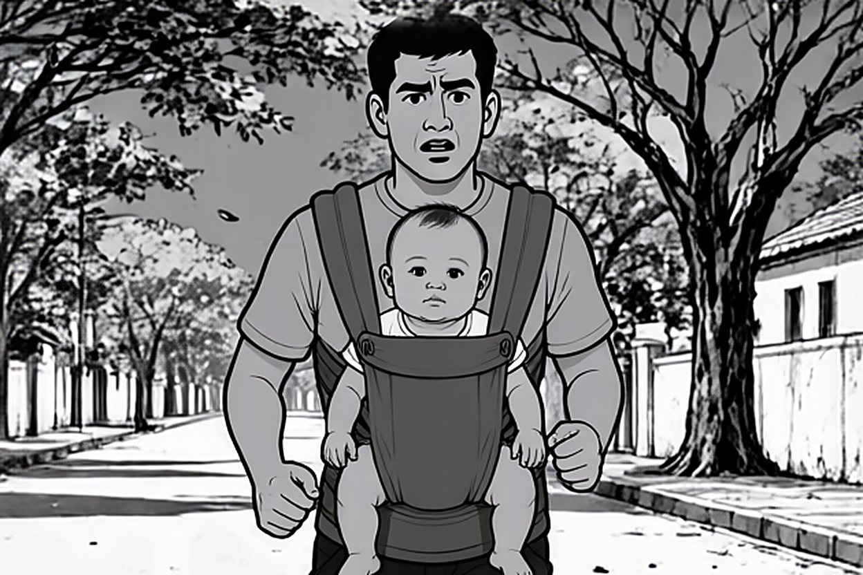 Closer: his face is anxious. The baby on his chest looks out, calm and quiet.
