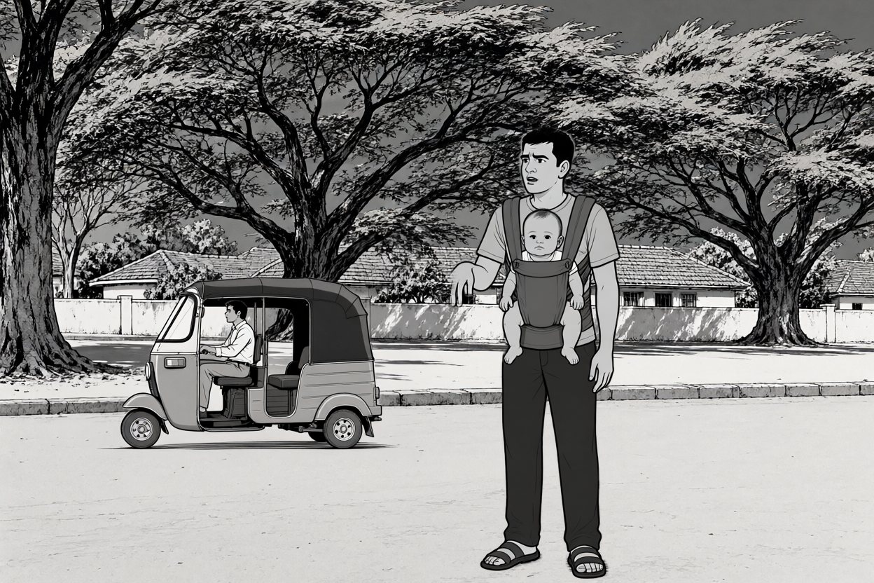 The street from the side: the man stands at the edge of the road, peering left down it, one hand half-raised, palm down, as an auto rickshaw drives off to the left.