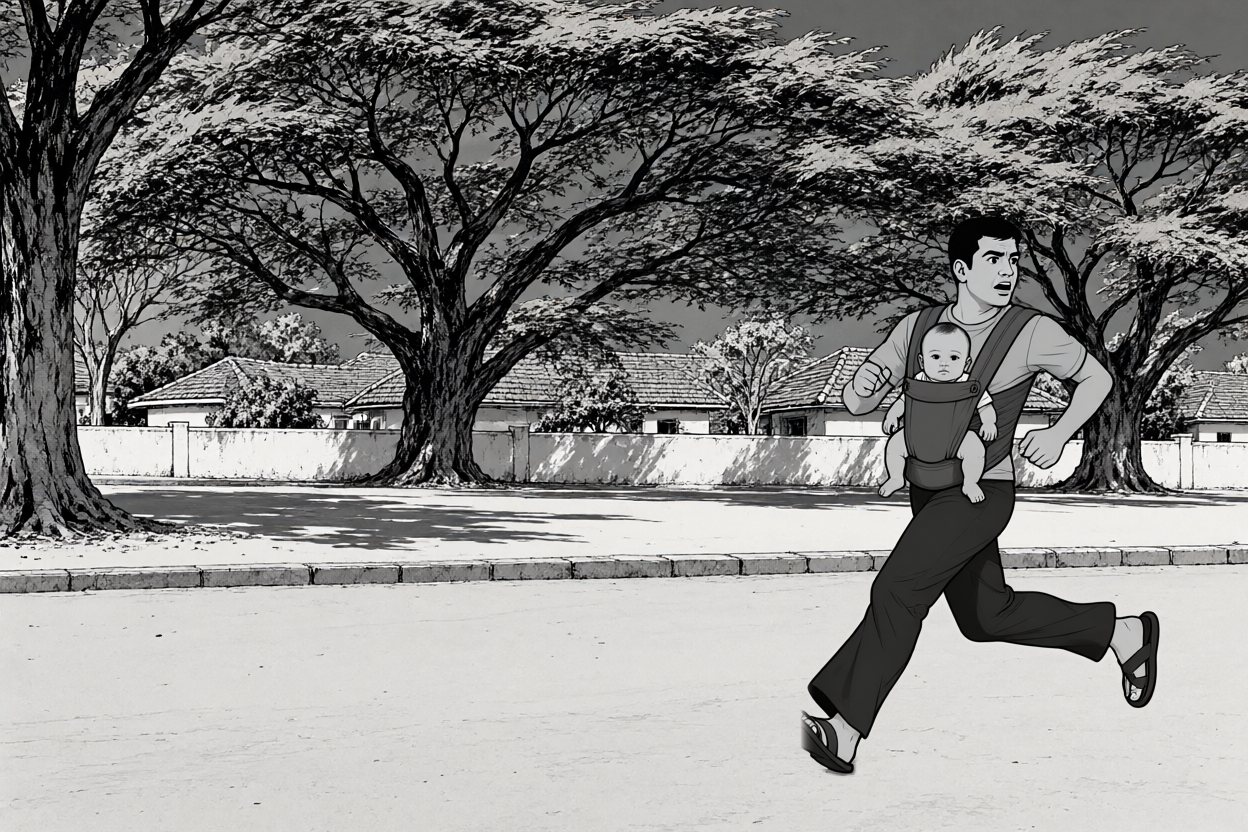 He runs on to the right under the big trees, the baby on his chest. The auto has gone.