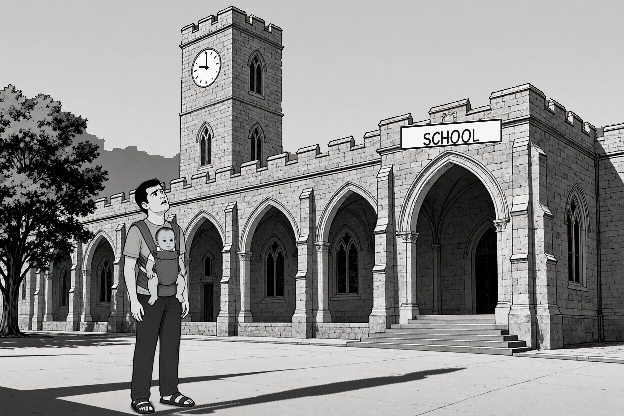An old stone school with pointed arches, a clock tower and a SCHOOL sign over its entrance, under a light morning sky. The man stands below the tower, looking up at the clock.