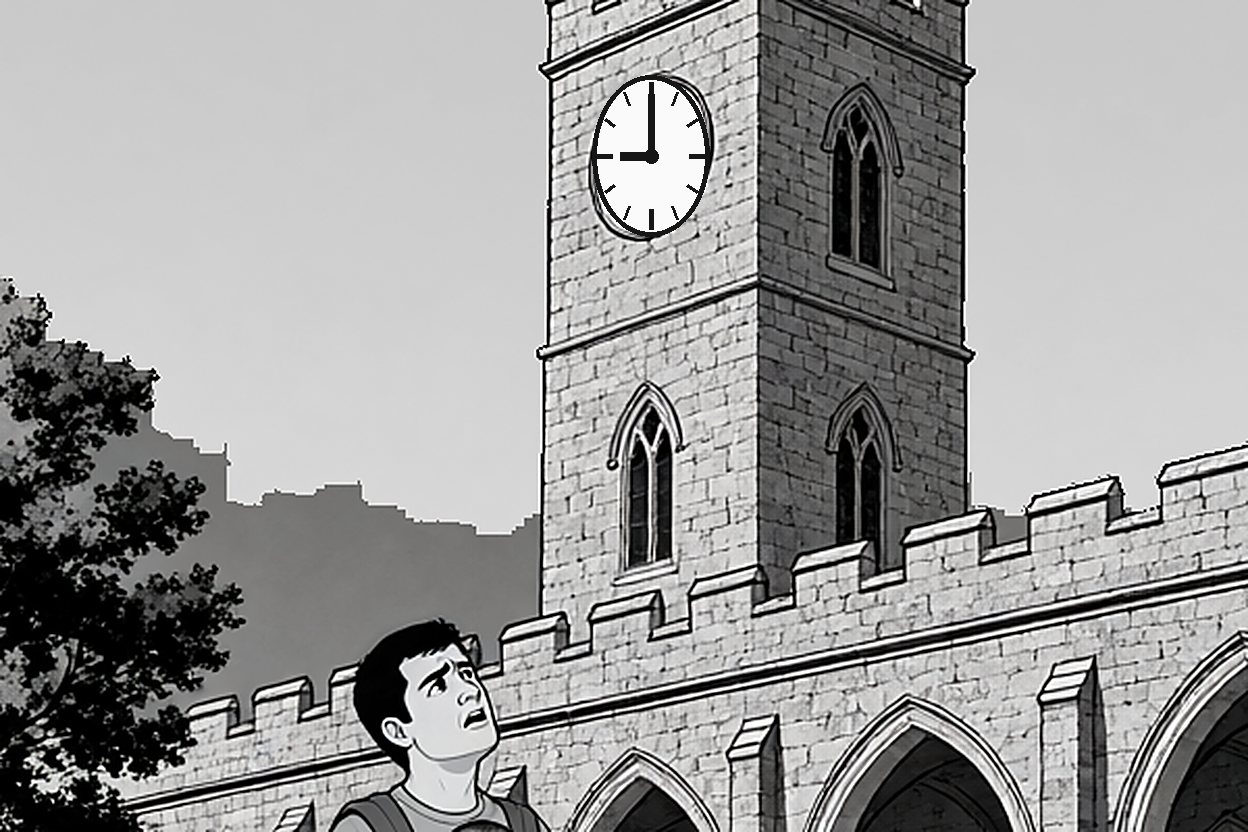 Over his head, the tower clock reads nine o'clock in the morning light (the evening streets are an intended dream discontinuity).