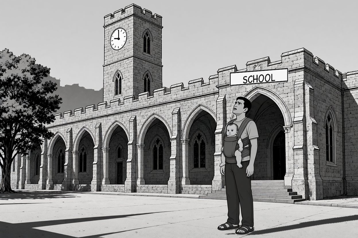 In front of the arched entrance under the SCHOOL sign, he looks up at the clock again.