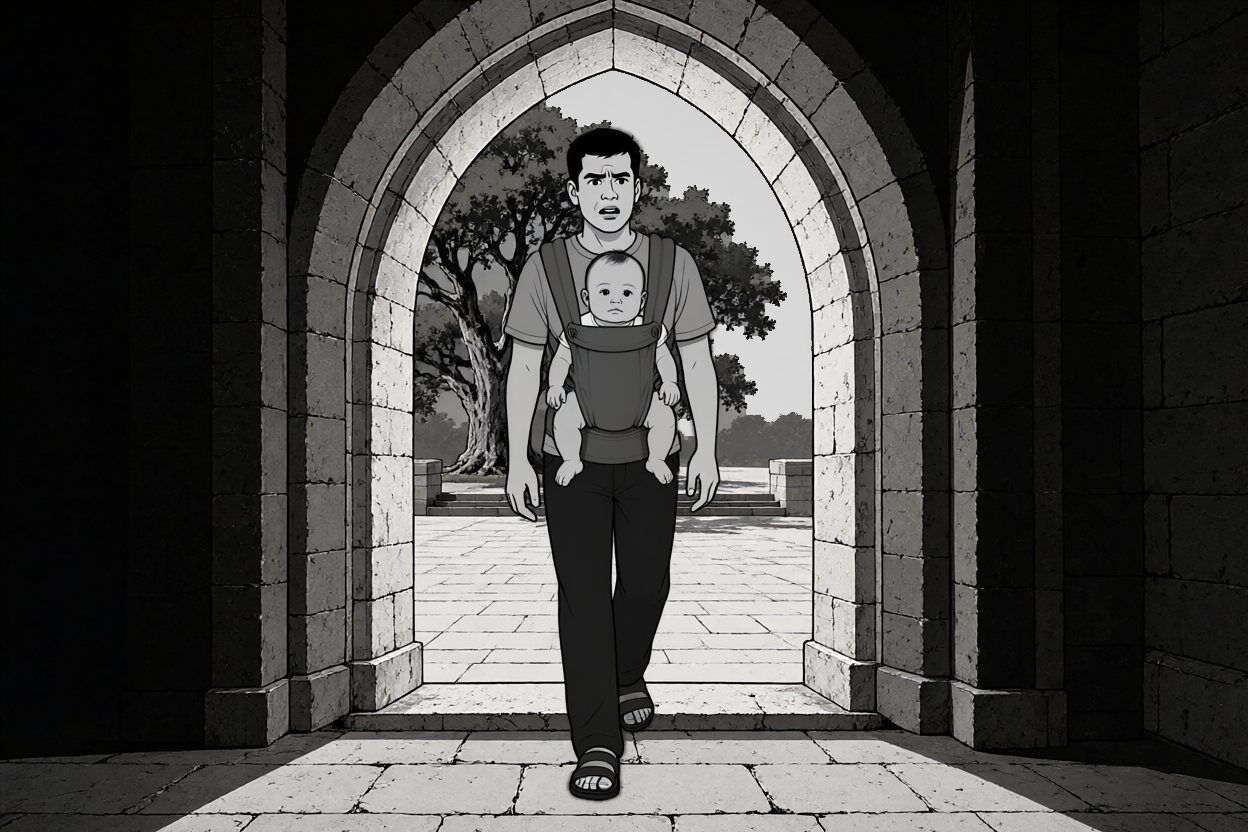 Seen from inside the entrance: he comes through the stone arch toward us, the baby on his chest.