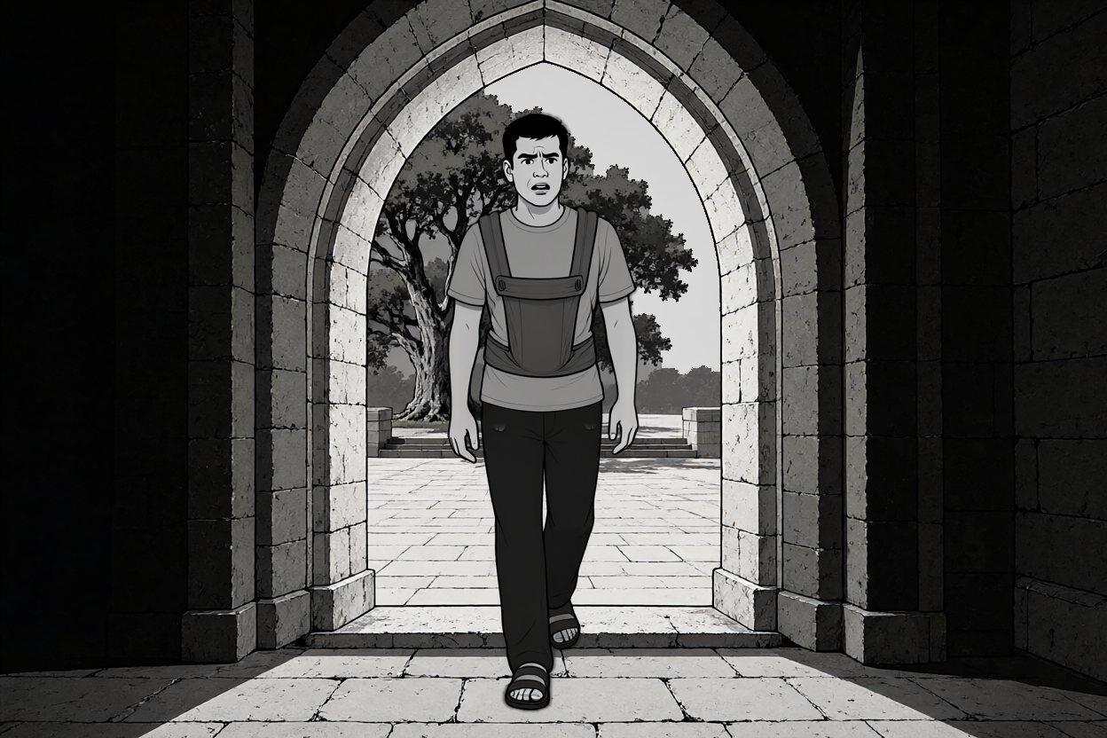 The same moment: the carrier on his chest is suddenly empty. The baby has vanished (intended).