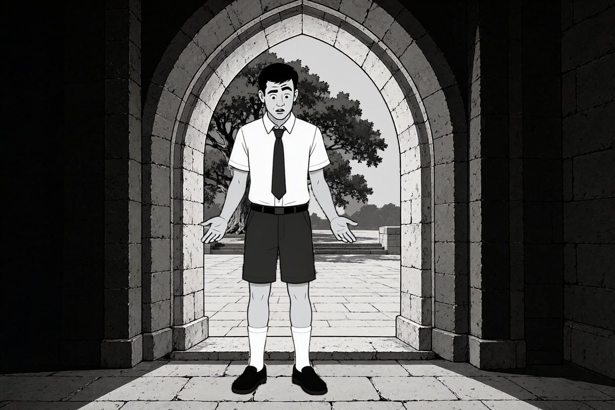 Still himself, in school uniform, he stands in the arch with his palms turned up, puzzled.