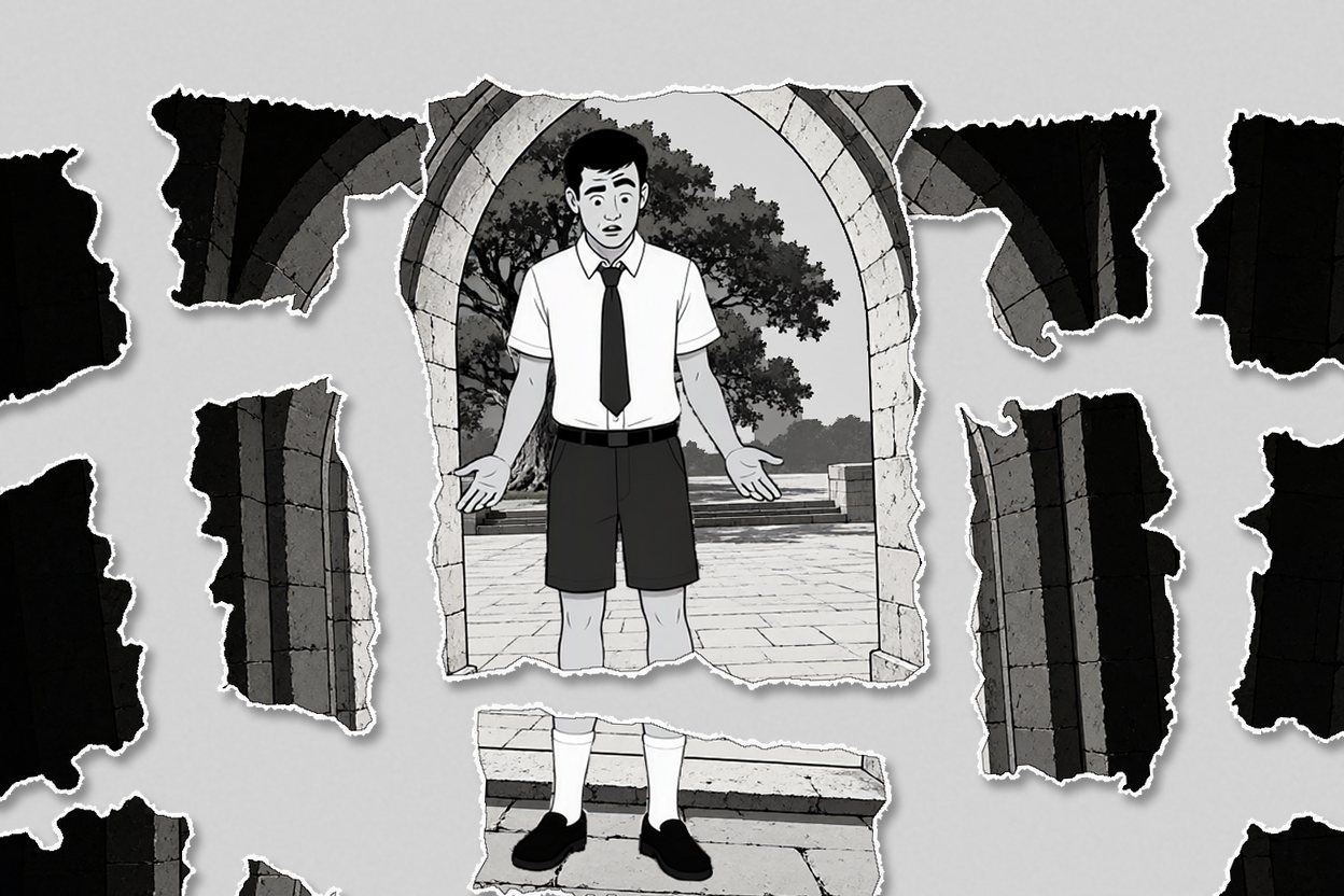 The picture falls apart into torn pieces of paper: the dream collapses (intended).