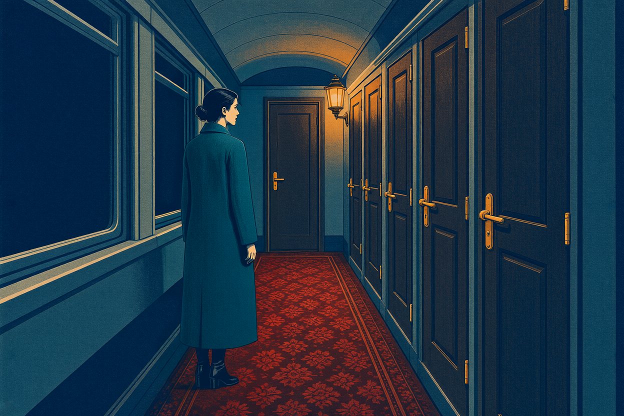 A woman in a long coat stands in a night-train corridor lined with closed doors.