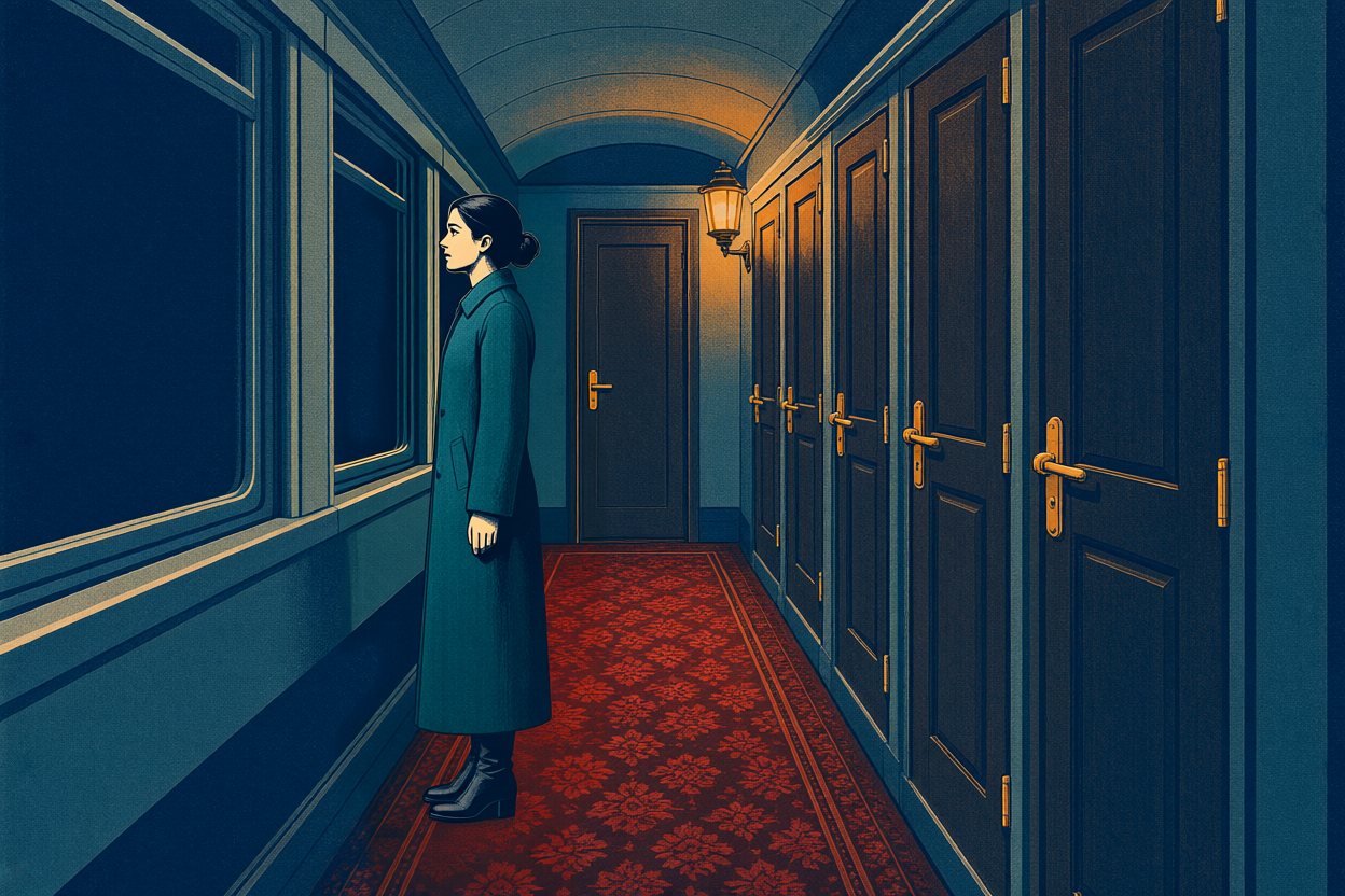 She turns her head away from the corridor, toward the dark windows.