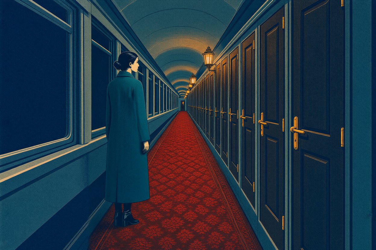 The same corridor, she looks back down it and it is now far longer: the doors run on to a tiny door in the distance.