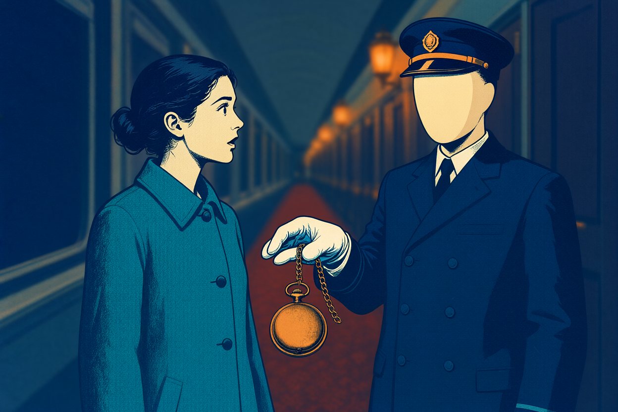 A conductor whose face is a blank oval holds a pocket watch out to her by its chain.