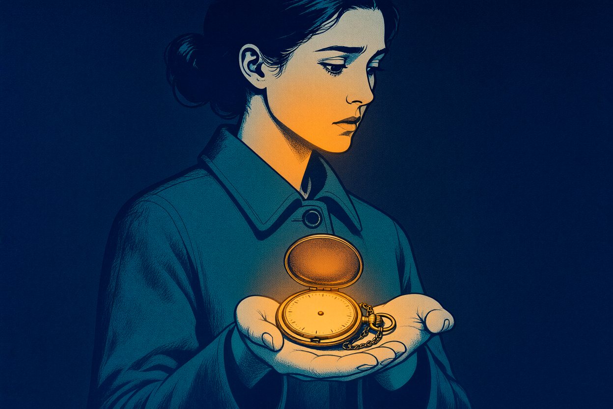 She holds the open watch in her palm: its dial has no hands.