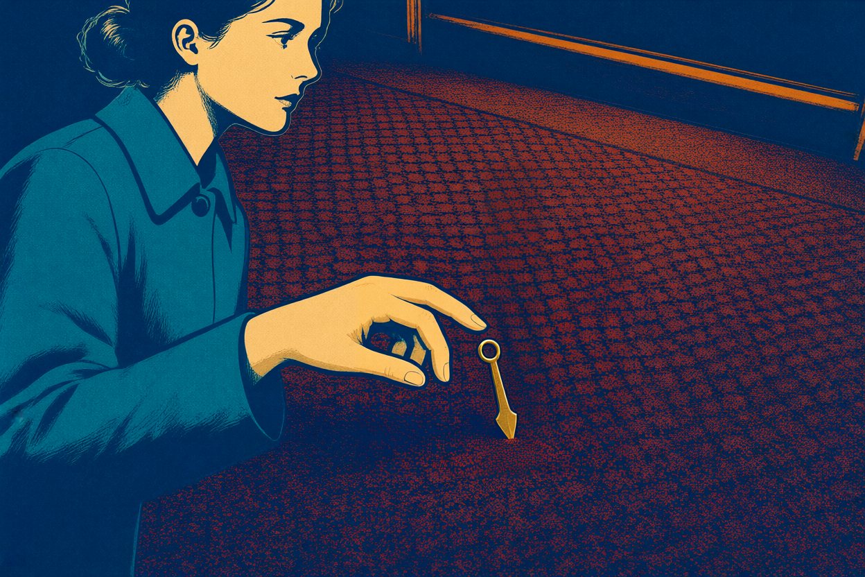 A thin brass pointer stands upright in the red carpet; her fingers reach for it.
