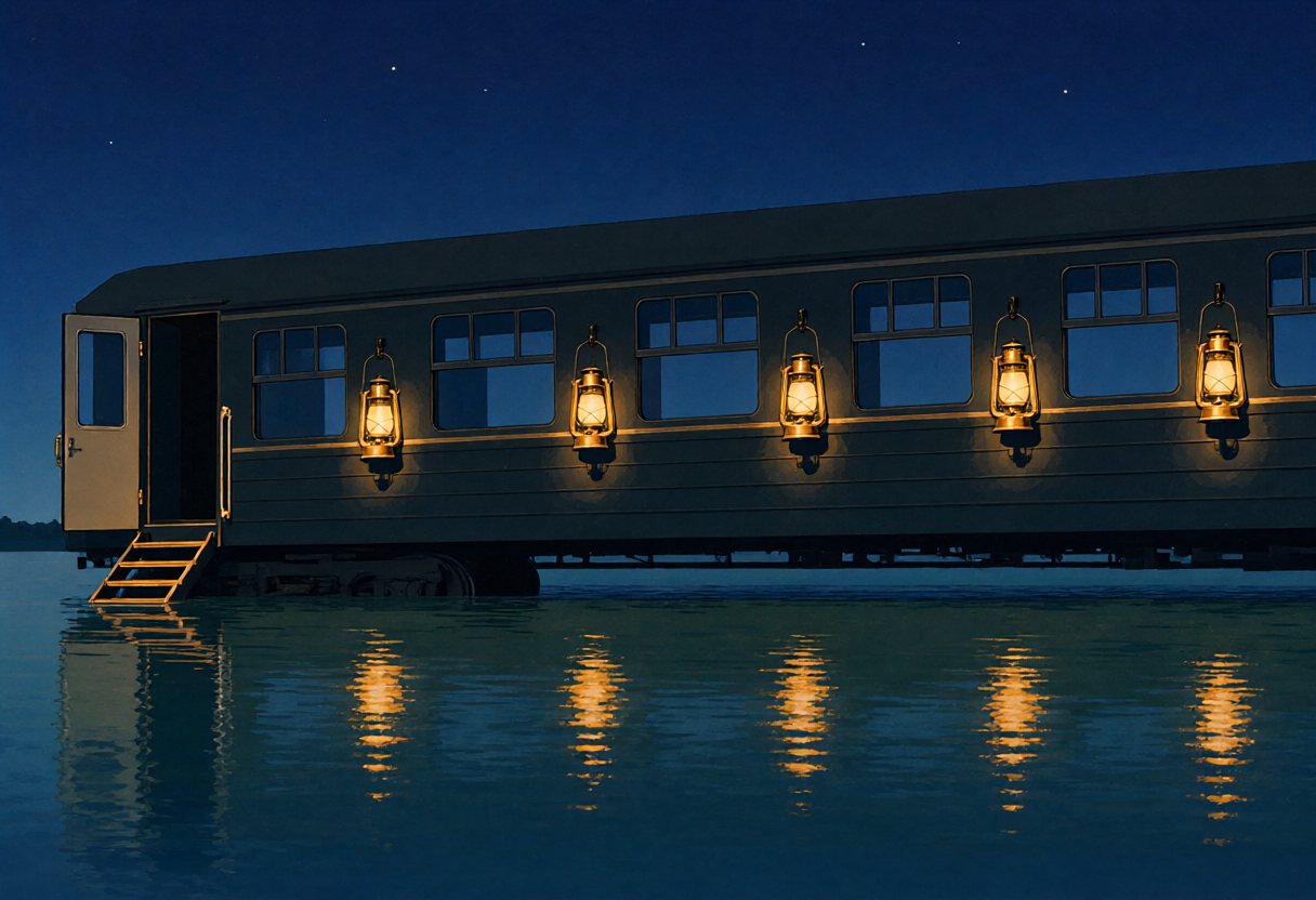 A train stands stopped in still water under the stars, its five lanterns lit.