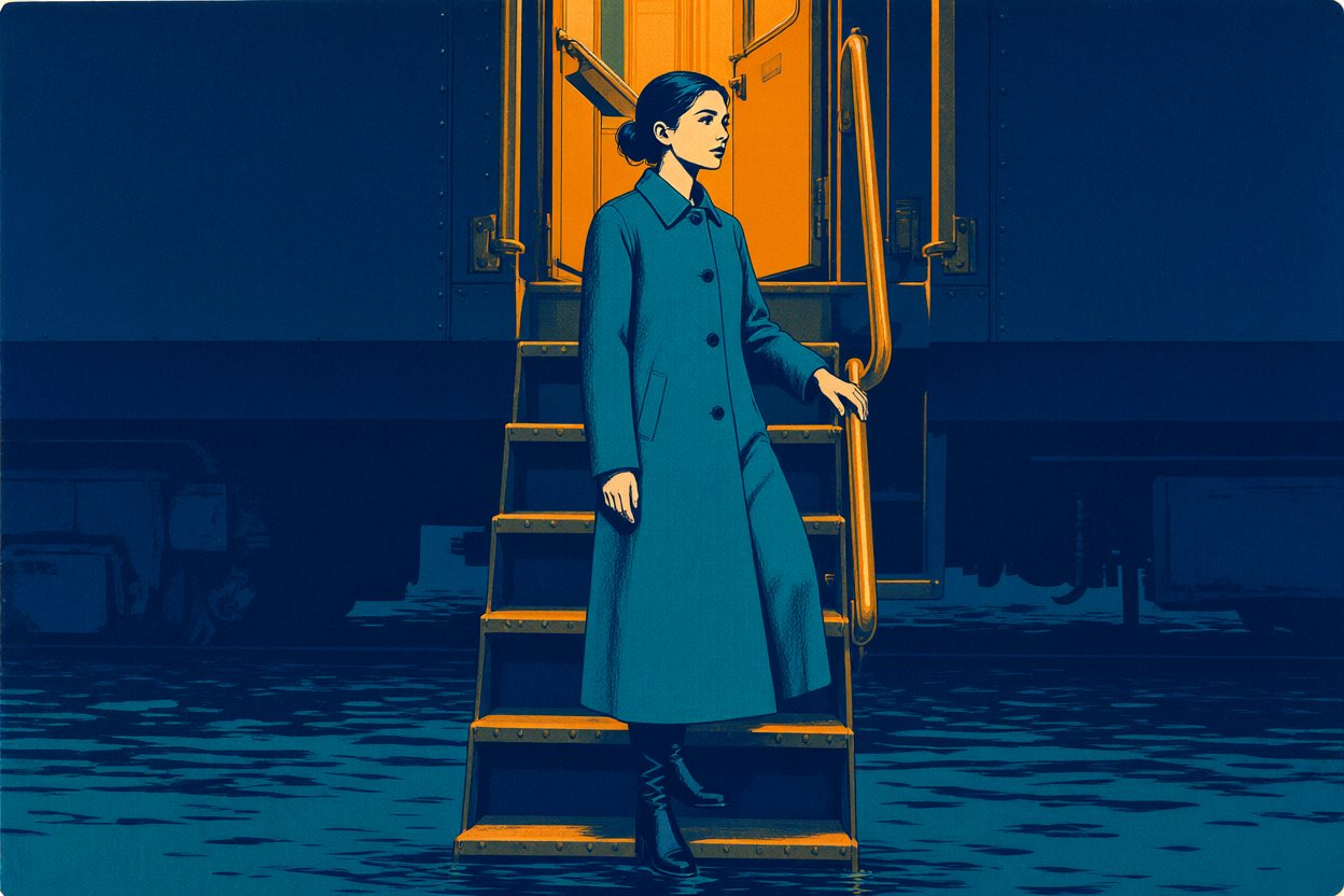 She steps down the train's steps toward the water, one hand on the rail.