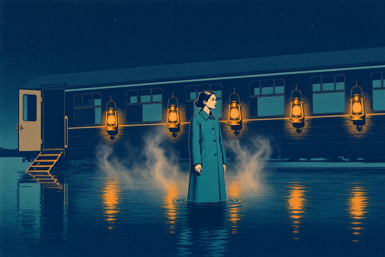 She stands knee-deep in the water, pale steam around her, the five lanterns lit behind her.