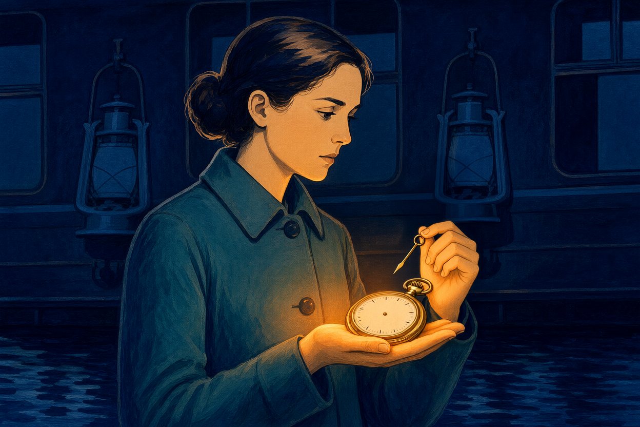 She looks down at the open watch on her palm and holds the brass hand above it.