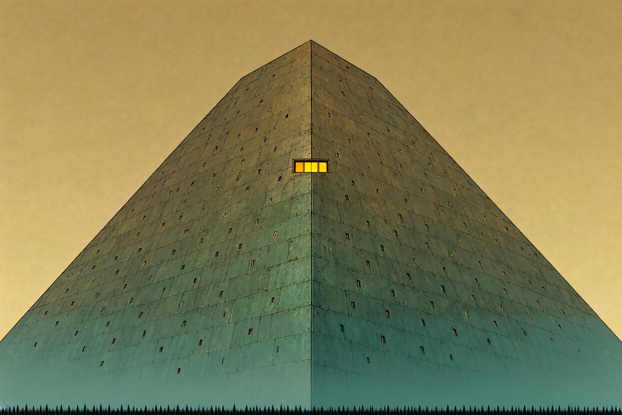 A colossal pyramid of old bronze and green metal plates rises above a far-off forest. One window high on its face glows.